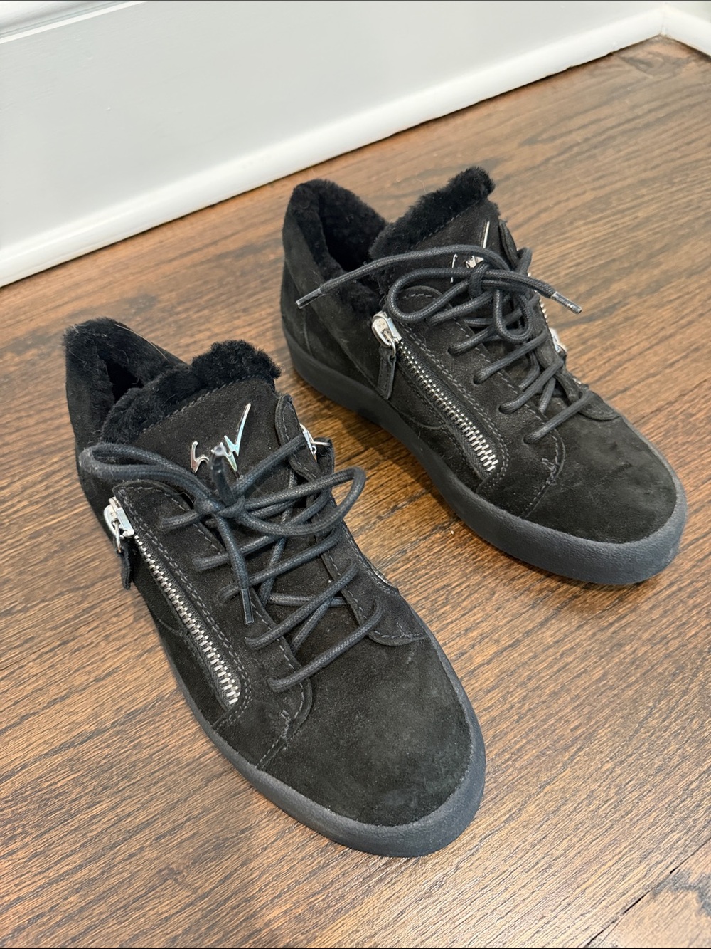Giuseppe Zanotti Frankie Winter Zip Sneaker in Black Suede, Shearling Interior